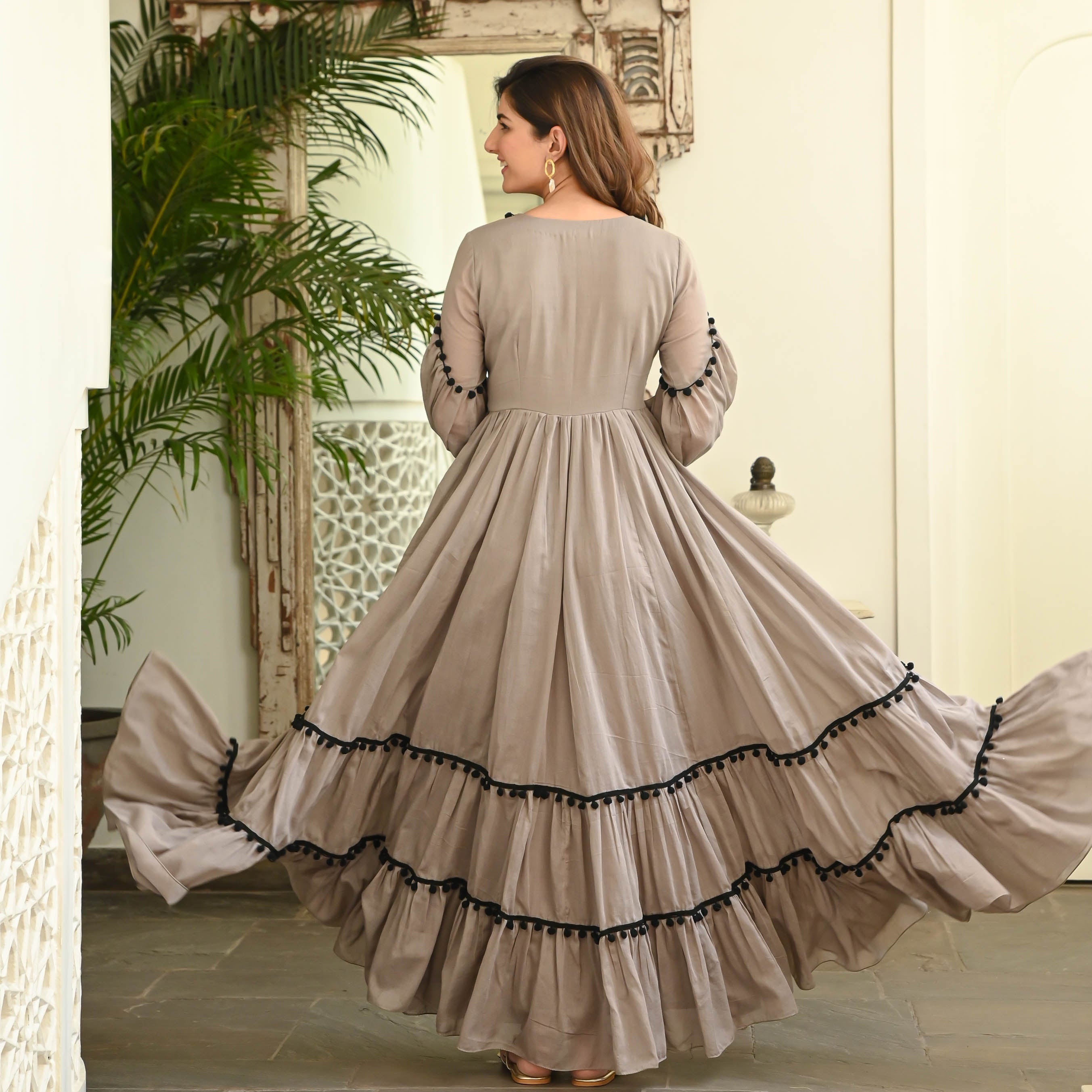 Grey Black Pompom Cotton Dress - FC - 080