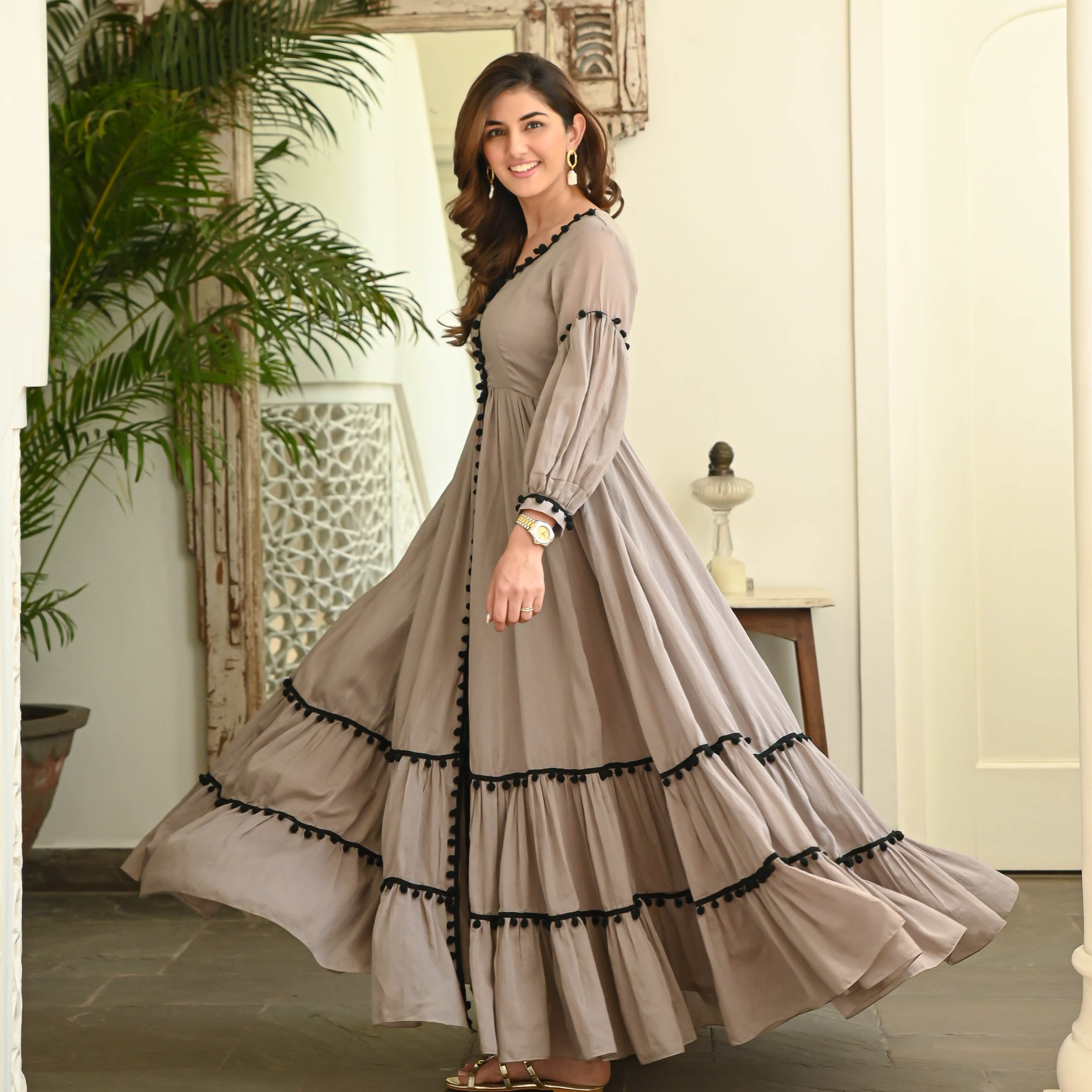 Grey Black Pompom Cotton Dress - FC - 080
